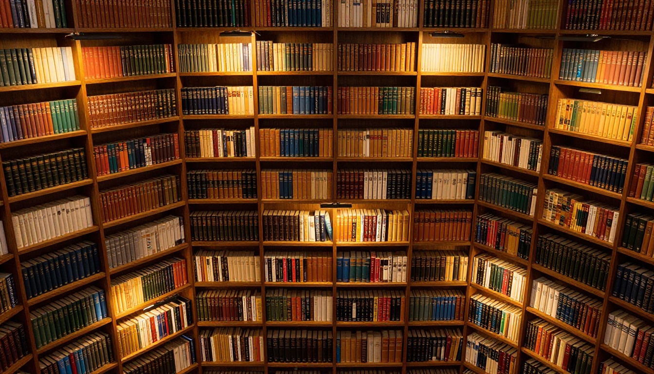 An aerial view of a vast library organized into specialized sections