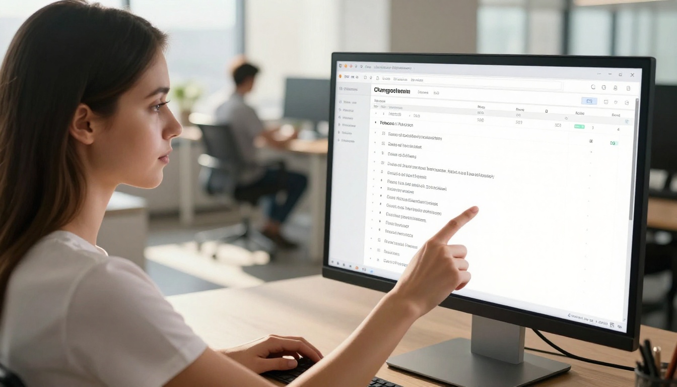 Woman reading an AI model changelog on a large office monitor, her finger tracing the screen