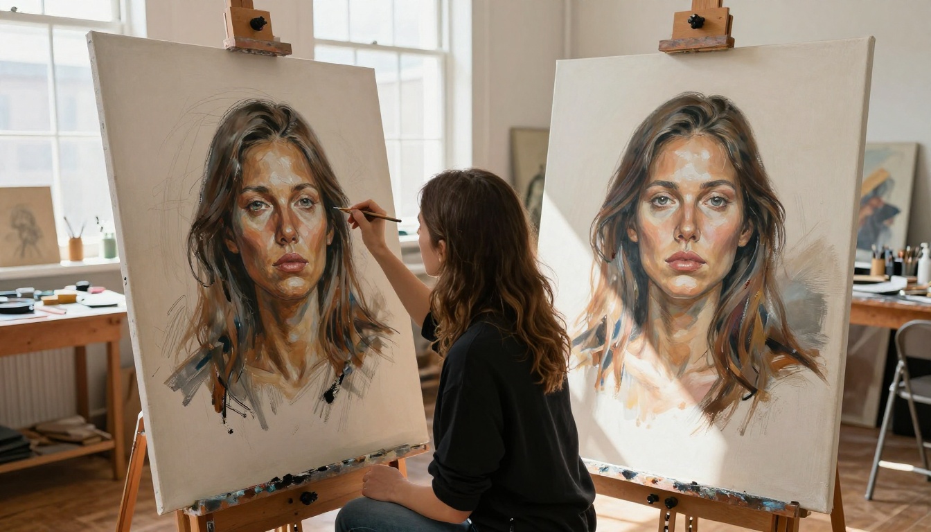 A female artist comparing two portrait renderings on a large canvas in a bright atelier