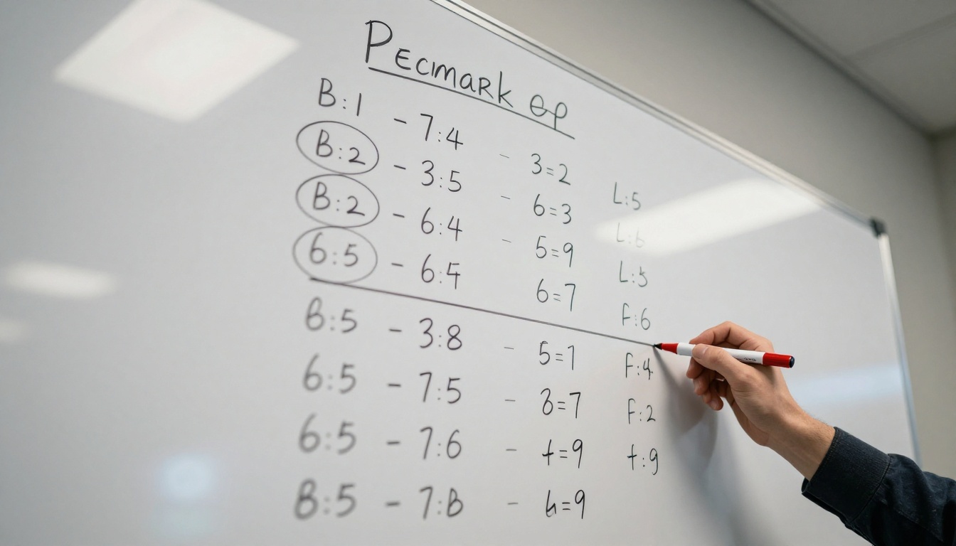 Whiteboard covered in hand-drawn benchmark comparison tables with circled numbers and red marker annotations
