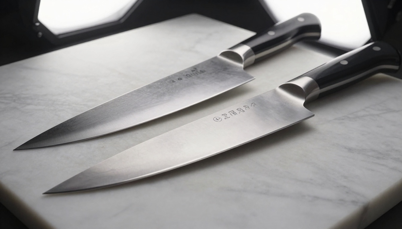 Two chef's knives on a marble board illustrating the quality gap between different tools Two chef's knives on a marble board illustrating the quality gap between different tools