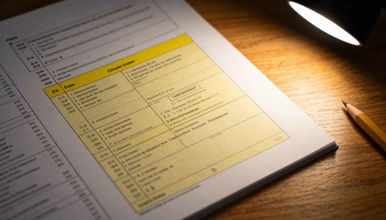 Two printed technical specification sheets side by side on an oak desk with yellow highlighting and a pencil between them