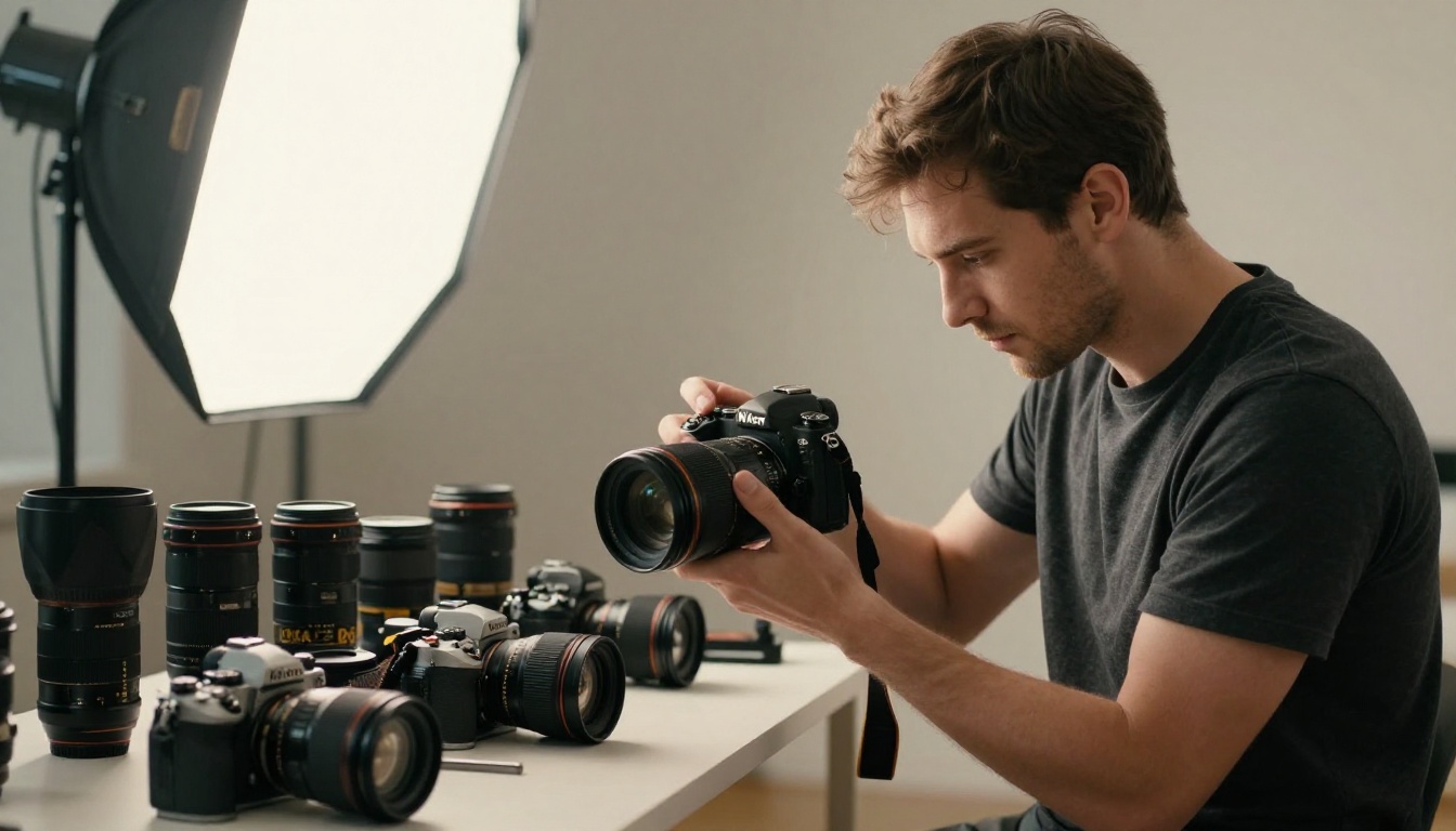 A professional photographer adjusting camera settings in a modern studio A professional photographer adjusting camera settings in a modern studio