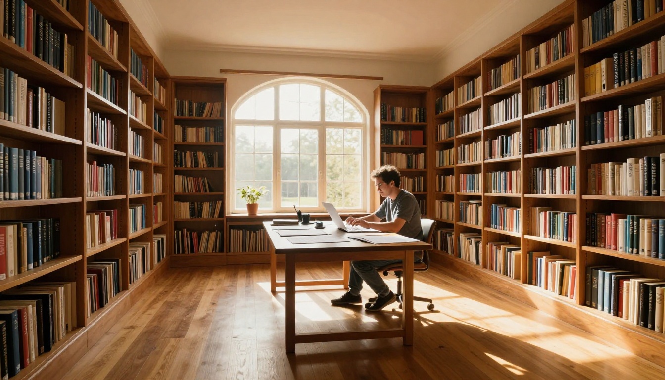 Wide shot of a home library with golden afternoon light and multiple documents spread across a large reading table