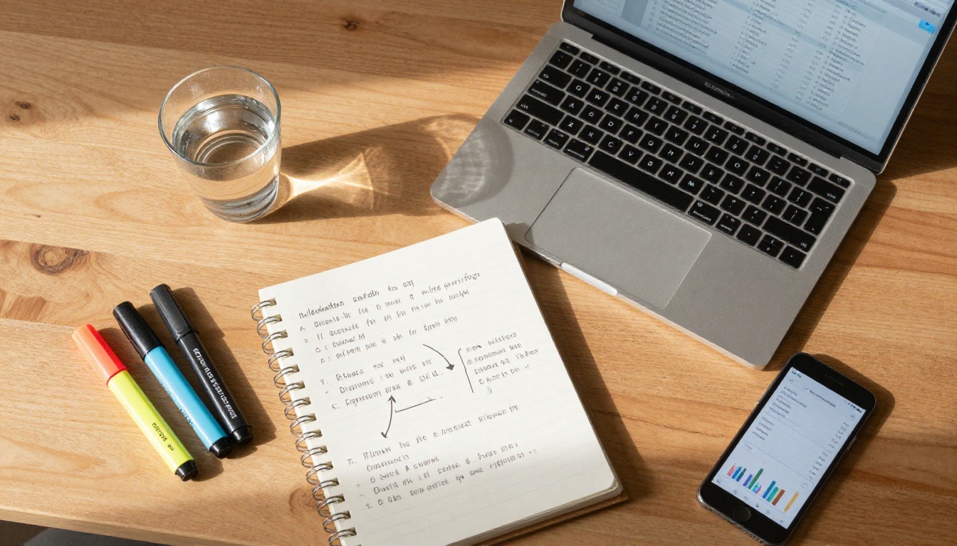 Aerial flat-lay workspace with laptop open to a changelog, spiral notebook with annotations, and colored highlighters