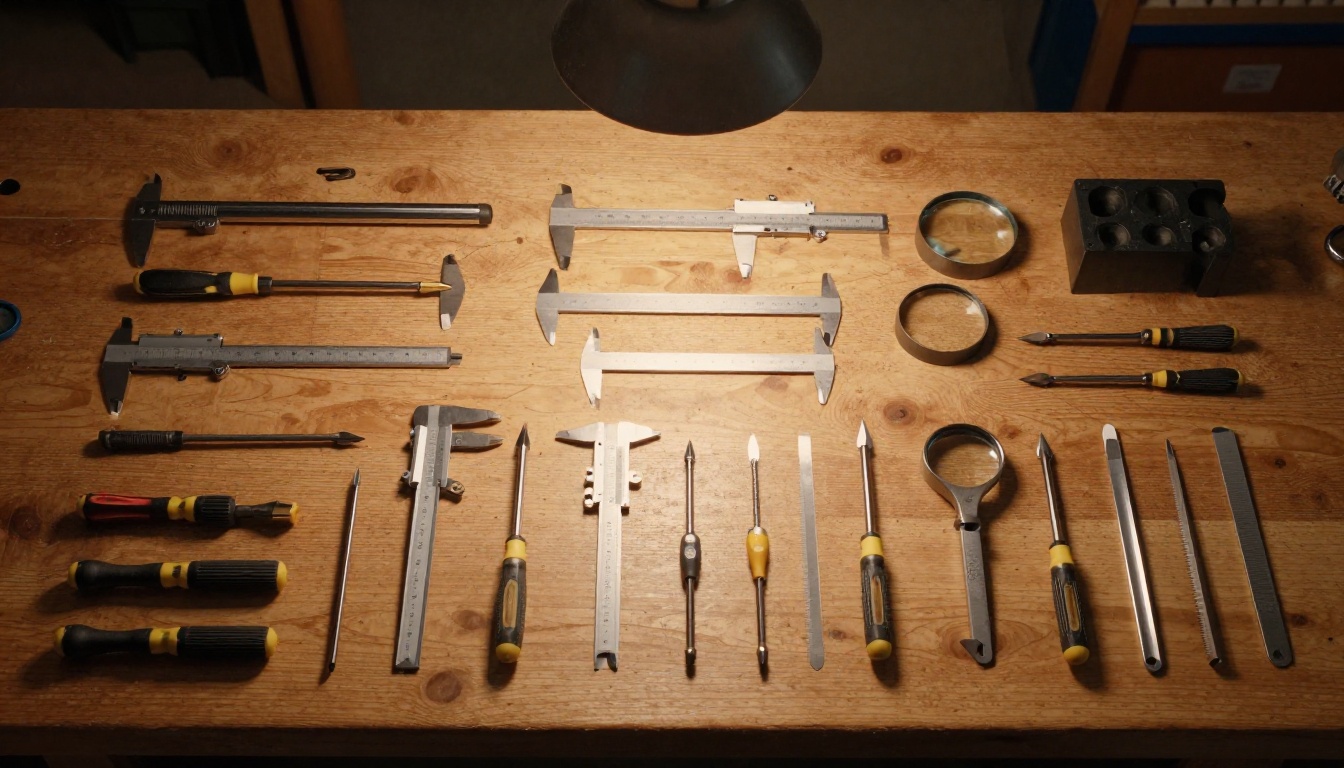 Craftsman's precision tools arranged on a wooden workbench