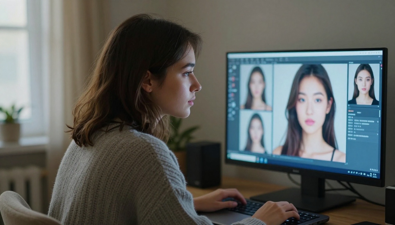 A young woman reviewing AI image gallery results on a laptop screen in the evening A young woman reviewing AI image gallery results on a laptop screen in the evening