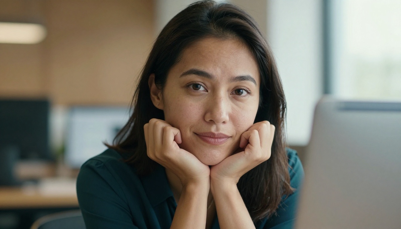 Close-up portrait of a woman with a thoughtful expression seated in front of a computer, natural Rembrandt window lighting