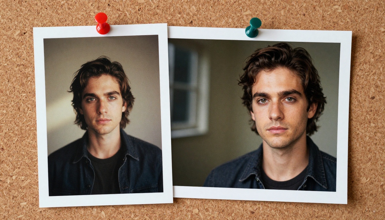 Two photographs pinned to a corkboard showing a striking quality difference