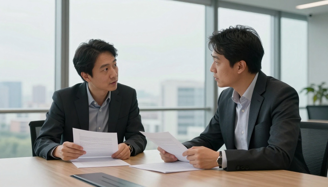 Two professionals reviewing the same printed technical document across a modern conference table with a cityscape visible through glass walls