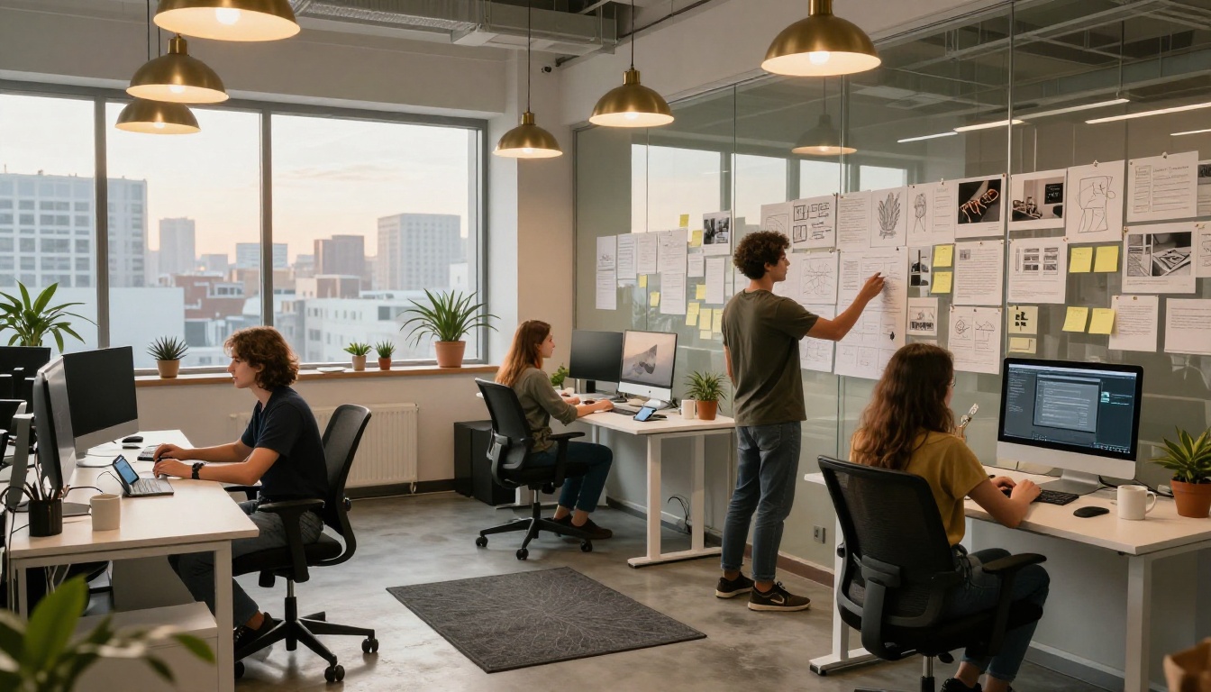 Creative agency team at work in a bright modern studio