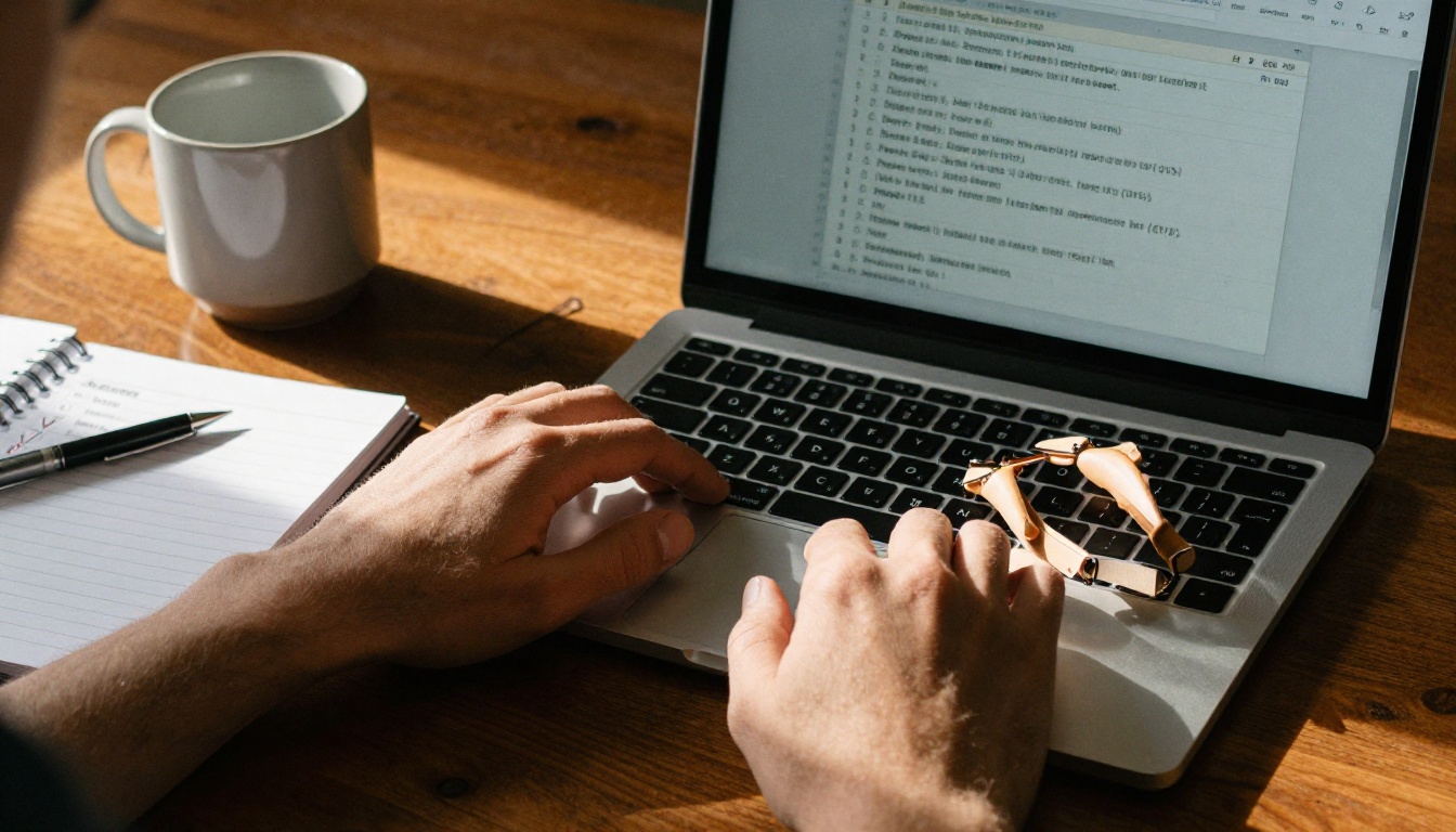 Man's hands typing on a laptop with a physical checklist notebook beside him on a polished walnut desk in late afternoon light
