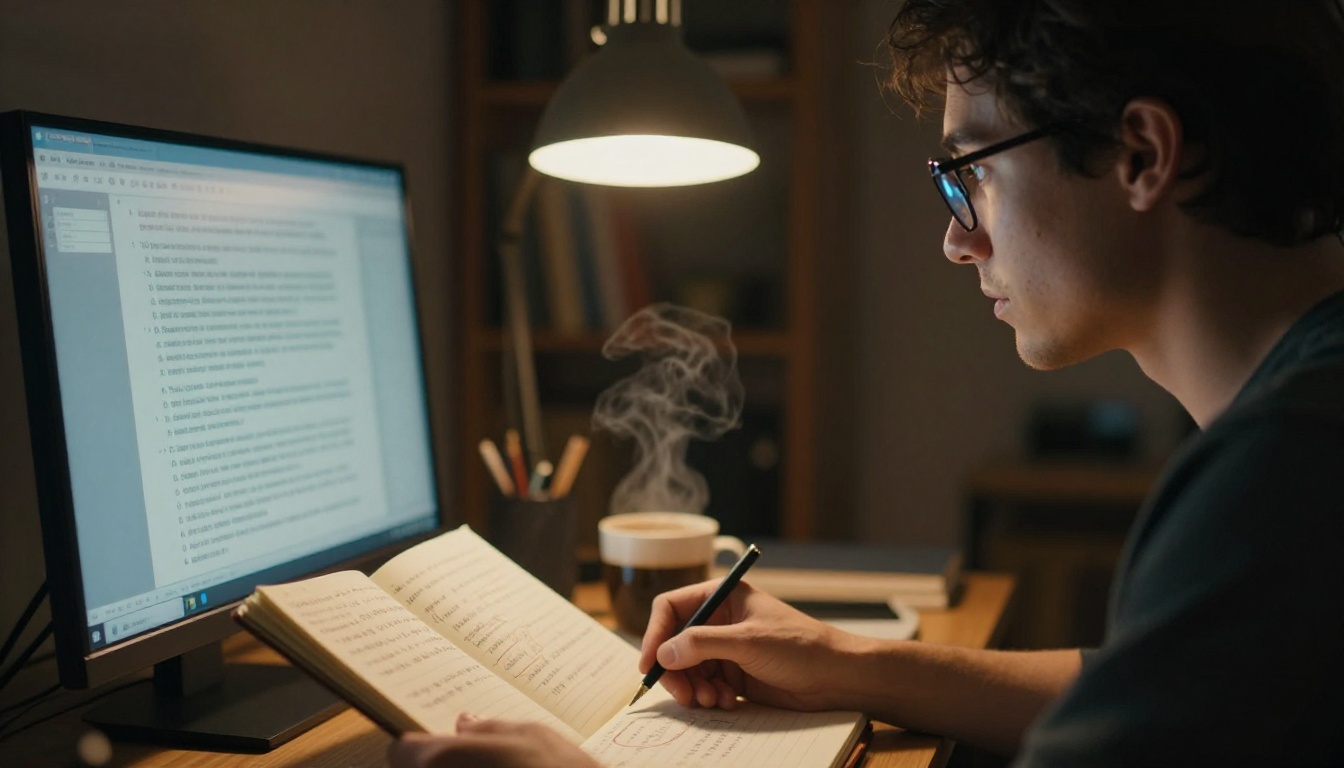 Person studying a text AI interface in a home office at night