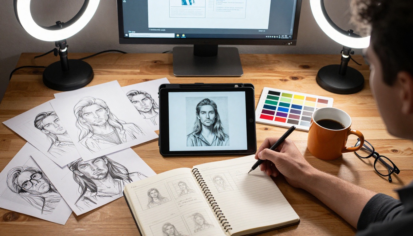 Overhead workspace view with AI image prints in varying quality