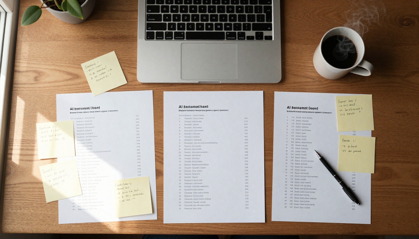 AI model evaluation research workspace with benchmark sheets and laptop