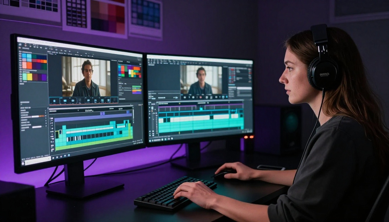 Professional female video editor at a post-production workstation