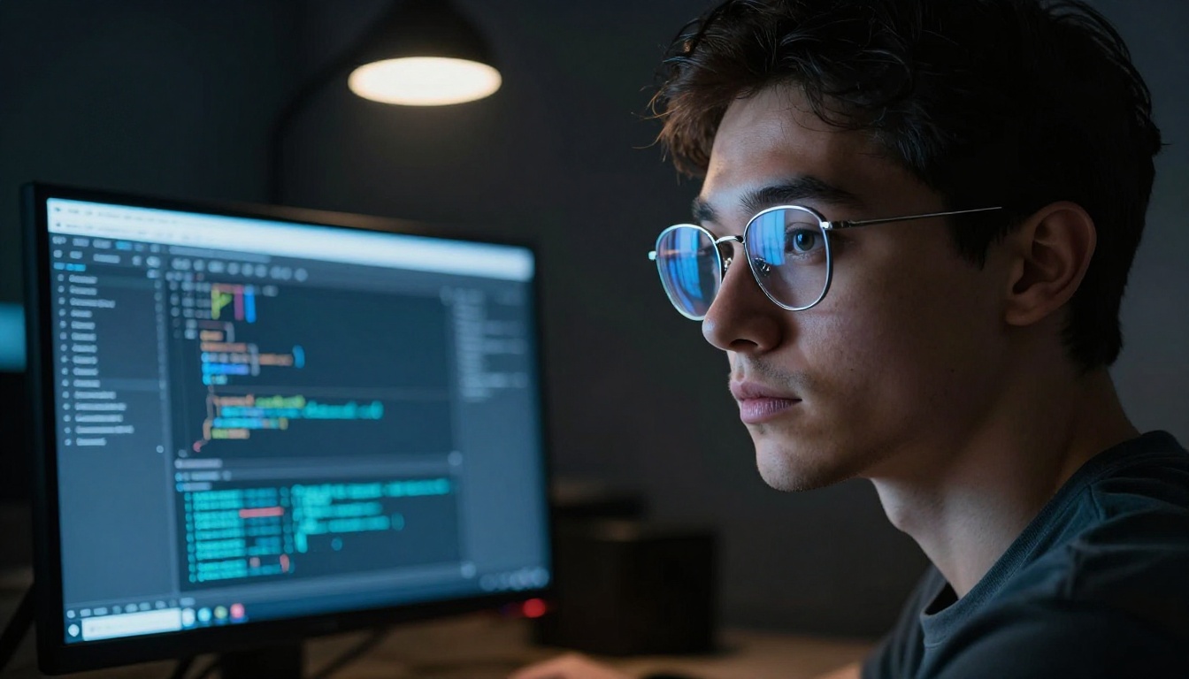 Developer focused on monitor showing AI model output metrics