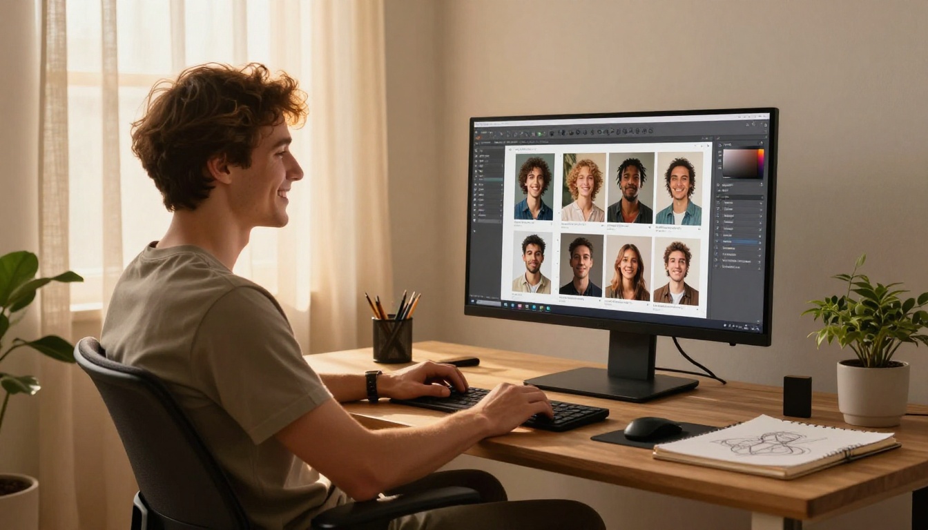 Satisfied freelance artist smiling at his home studio workstation