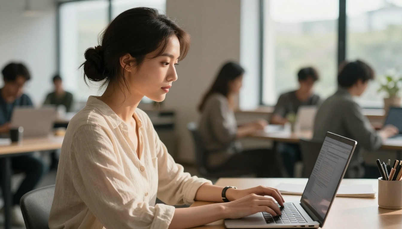 Professional woman testing AI prompts on laptop in co-working space