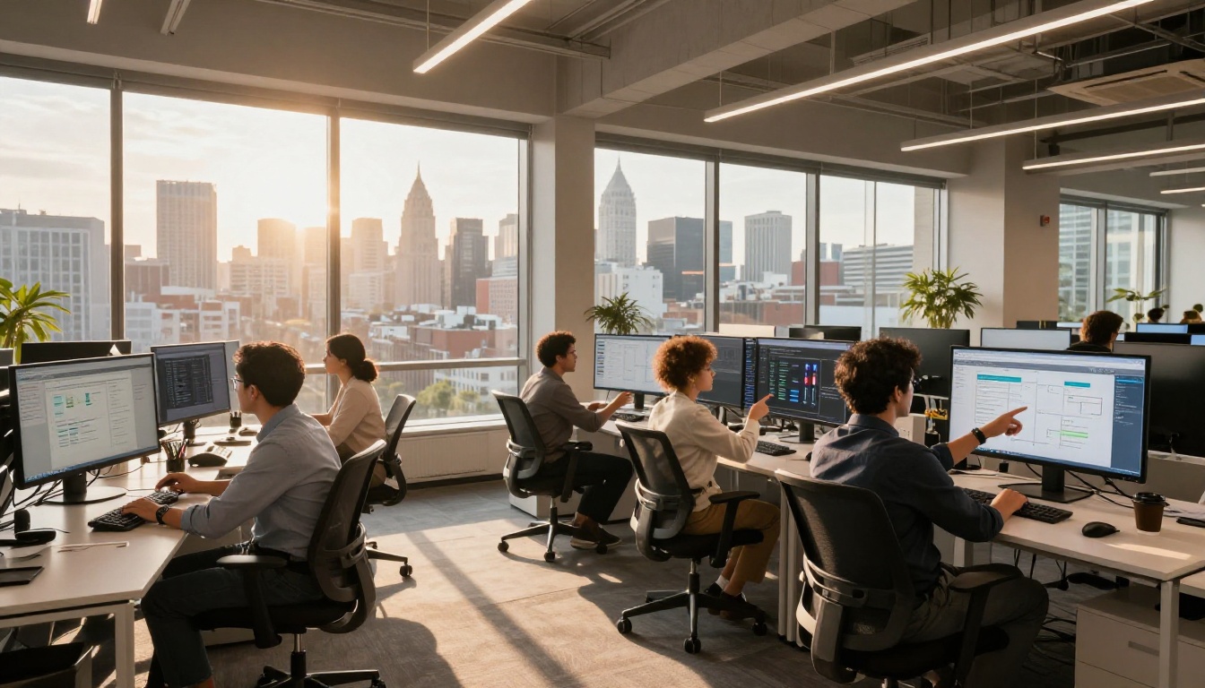 Data science team reviewing AI model outputs on large monitors
