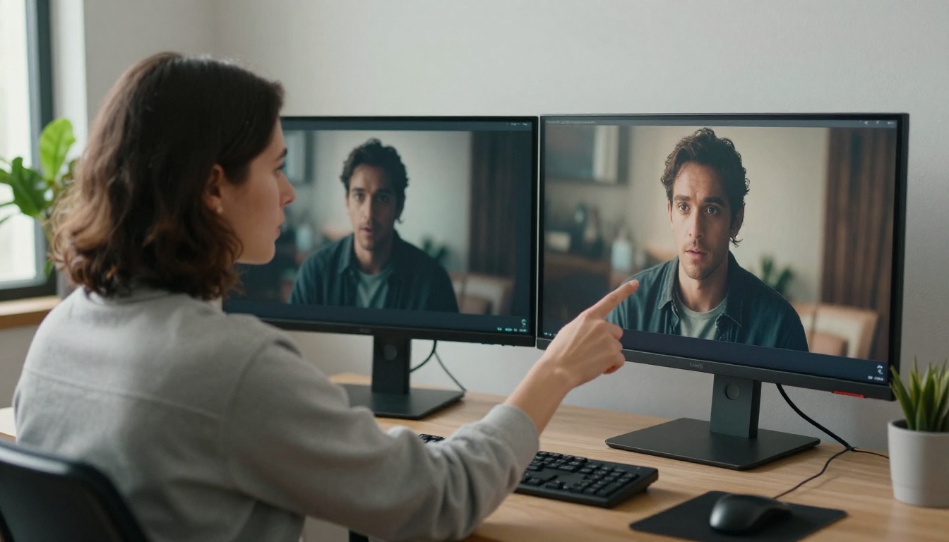 Content creator comparing video outputs on dual monitors