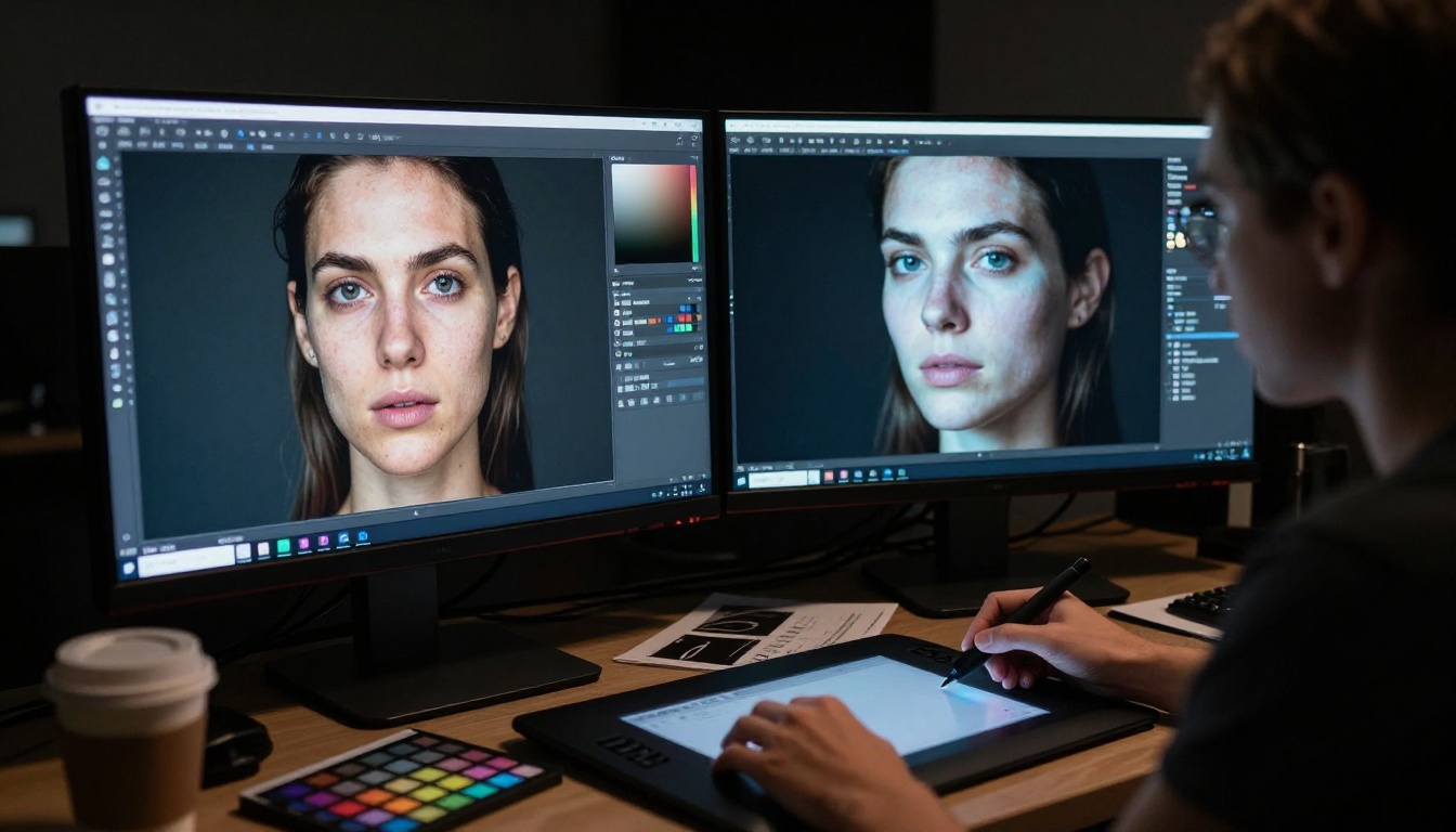 Professional photo retoucher at dual monitor workstation examining high-resolution portrait at 100 percent zoom