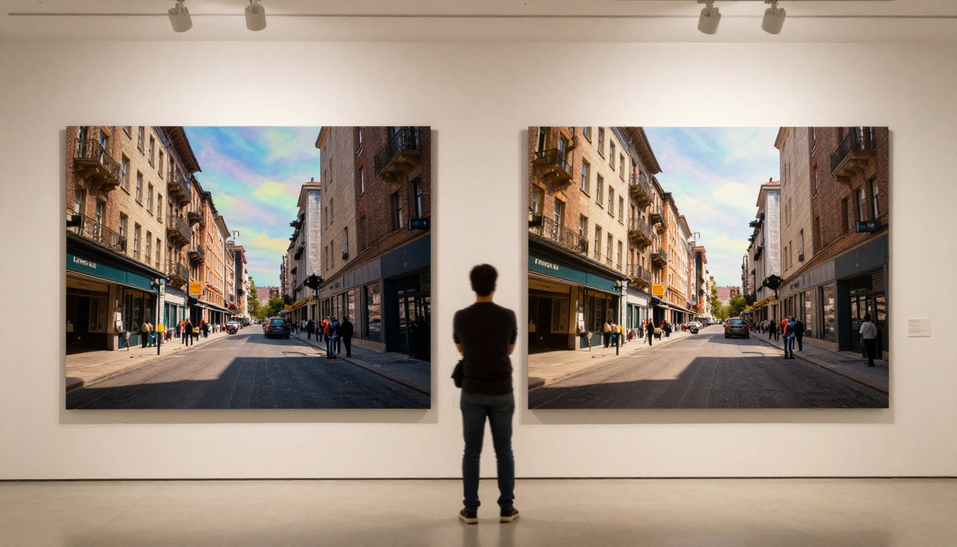 Gallery comparison showing compressed vs high-quality photo prints side by side on white gallery wall