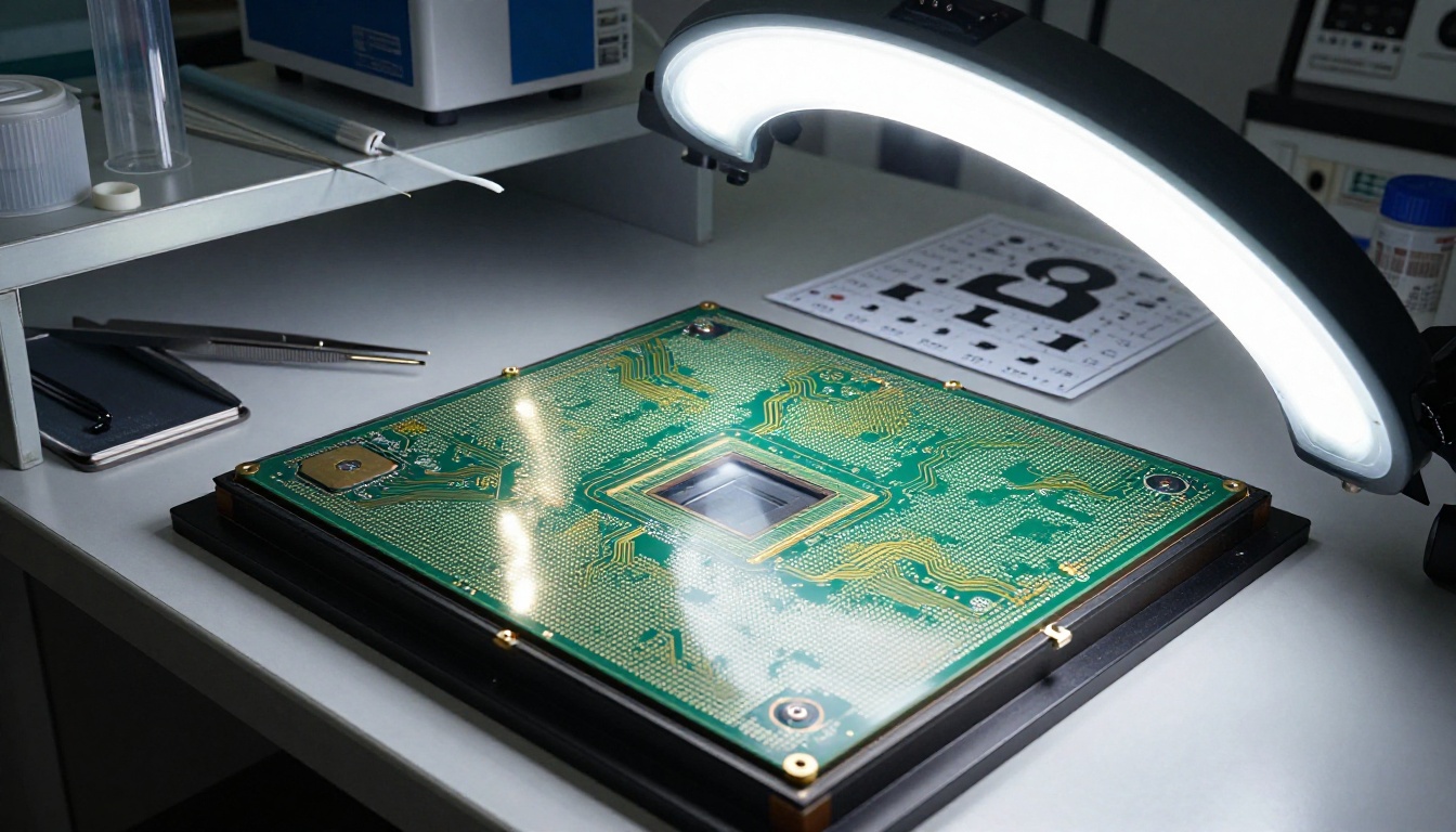 Full-frame camera sensor close-up under laboratory LED lighting showing photoreceptor grid pattern