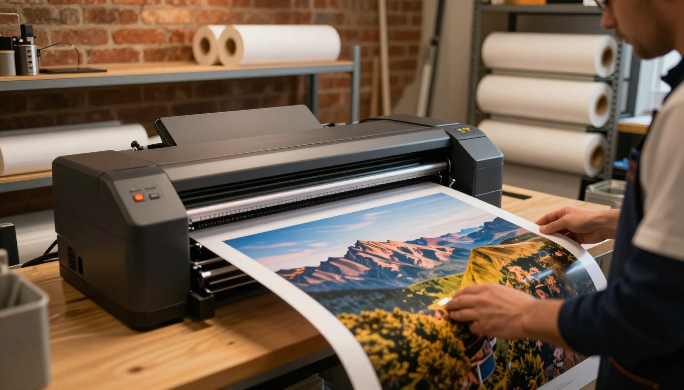 Large-format inkjet printer producing a vivid panoramic landscape print in a professional print studio