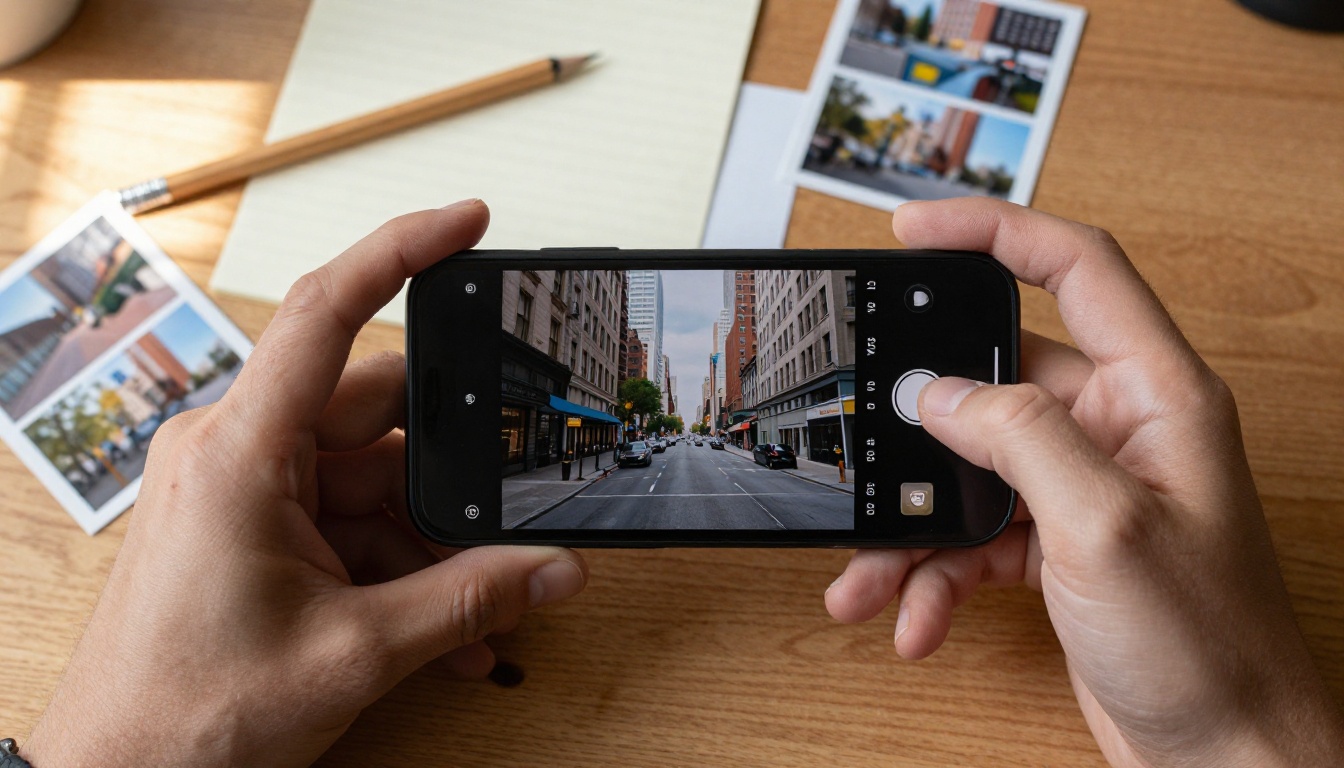 Top-down view of photographer's hands holding smartphone displaying a sharp cityscape on a wooden desk