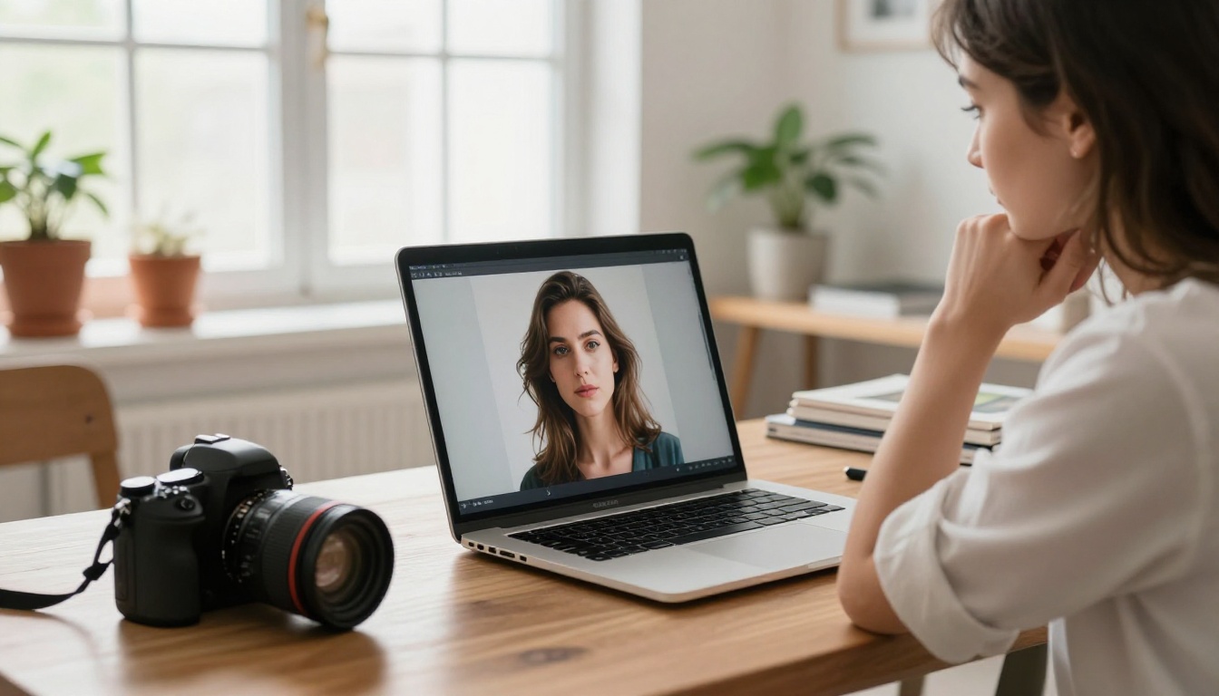 Portrait photographer reviewing high-resolution image on laptop in a bright airy home office