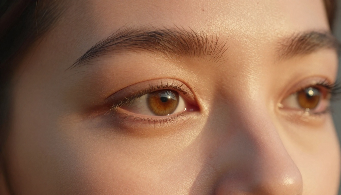Extremely sharp close-up portrait showing skin micro-texture and iris detail in warm golden afternoon light