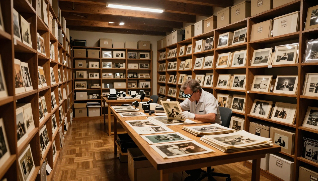 Wide professional photography archive room with conservator examining large vintage prints under warm incandescent light