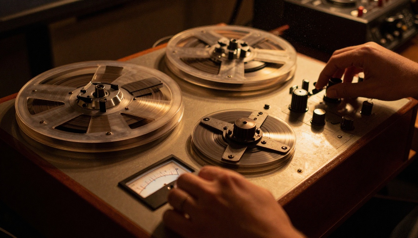 Classic recording studio with analog tape equipment capturing the pre-neural era of voice synthesis Classic recording studio with analog tape equipment capturing the pre-neural era of voice synthesis