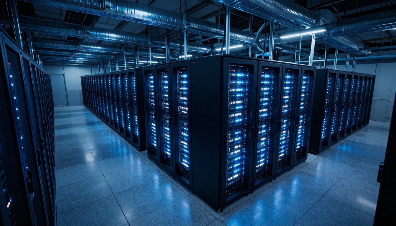 Data center rows of GPU racks representing the computational foundation of modern neural TTS systems Data center rows of GPU racks representing the computational foundation of modern neural TTS systems