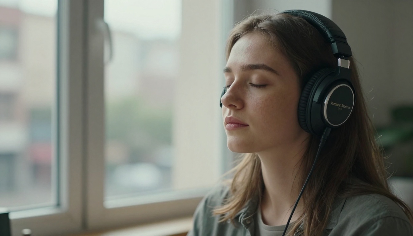 Woman in attentive listening posture with studio headphones by a bright window, immersed in AI-generated audio