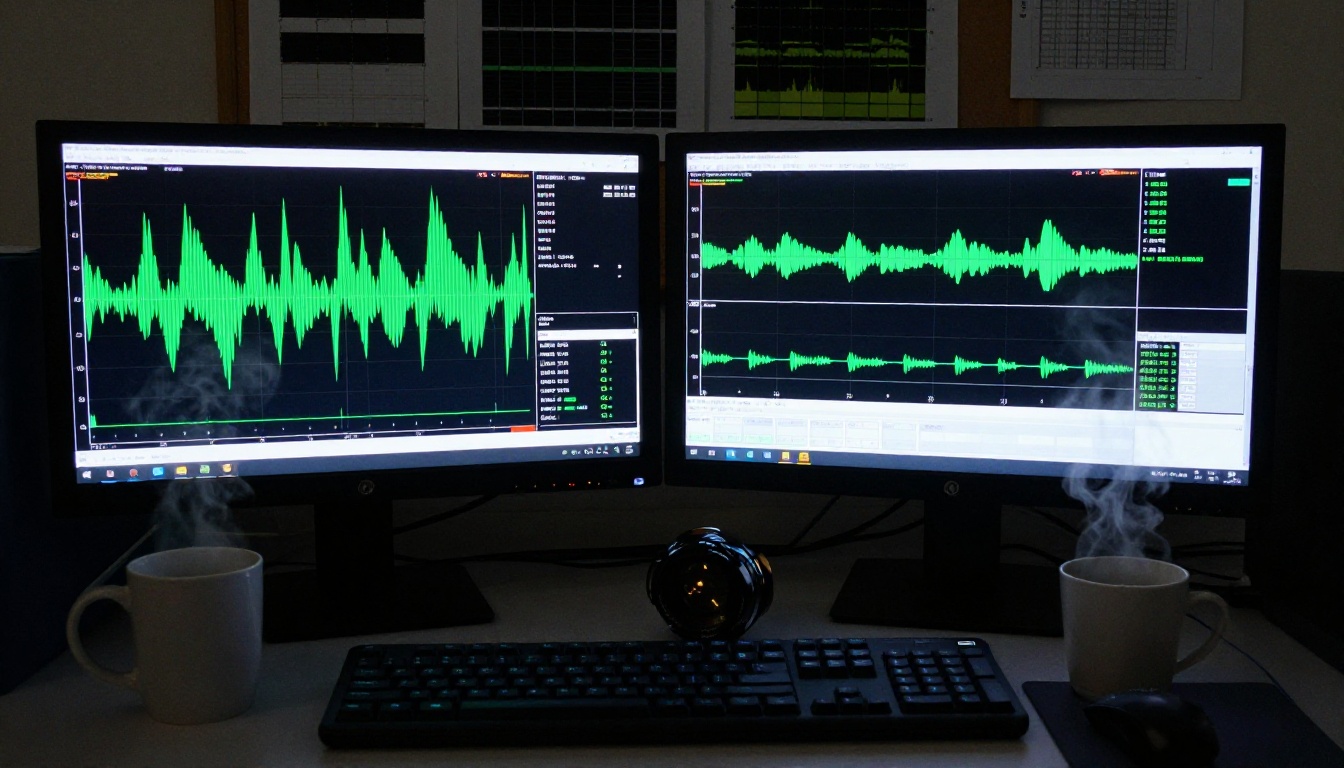 Audio researcher's workstation with oscilloscope-style waveform visualization showing speech patterns on dual monitors Audio researcher's workstation with oscilloscope-style waveform visualization showing speech patterns on dual monitors