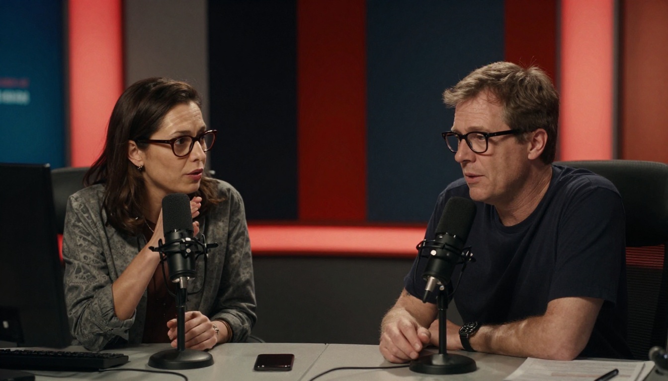 Two professional radio broadcasters at a live studio desk comparing vocal delivery and authenticity Two professional radio broadcasters at a live studio desk comparing vocal delivery and authenticity