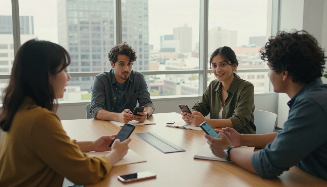 Diverse global team using smartphones for multilingual AI voice generation in a bright modern office