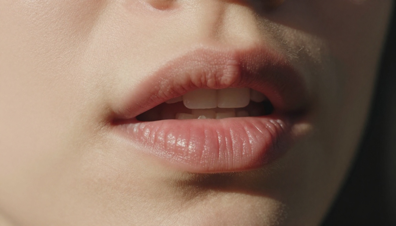 Extreme macro close-up of human lips mid-speech showing the physical mechanics of vocal articulation Extreme macro close-up of human lips mid-speech showing the physical mechanics of vocal articulation