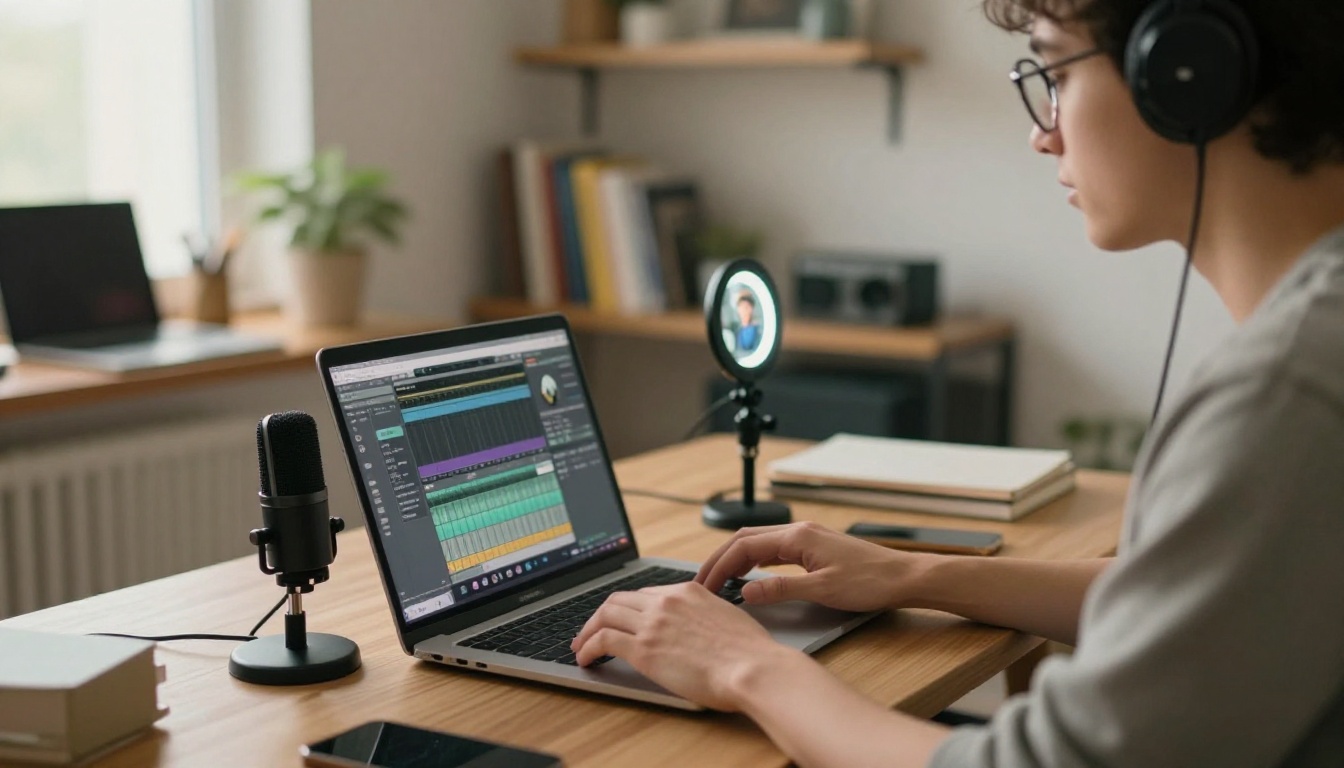 Content creator working in a minimal home studio using AI voice generation software on a laptop