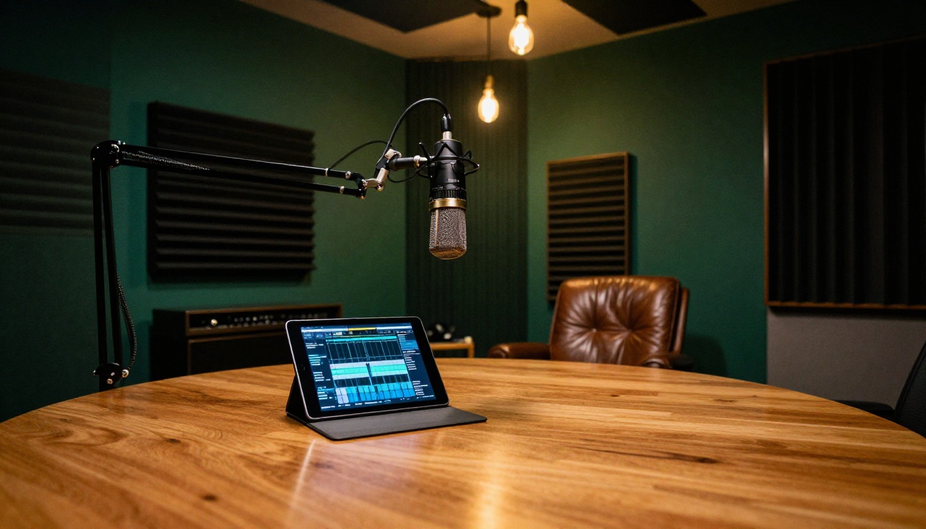Professional podcast studio with Neumann microphone and warm incandescent lighting creating an inviting acoustic environment
