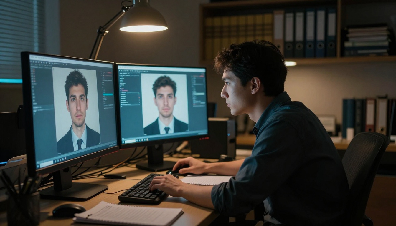 Analyst seated at dual monitors comparing AI-generated and real portraits side by side in a dim office, dramatic monitor glow contrasting with warm desk lamp Analyst seated at dual monitors comparing AI-generated and real portraits side by side in a dim office, dramatic monitor glow contrasting with warm desk lamp