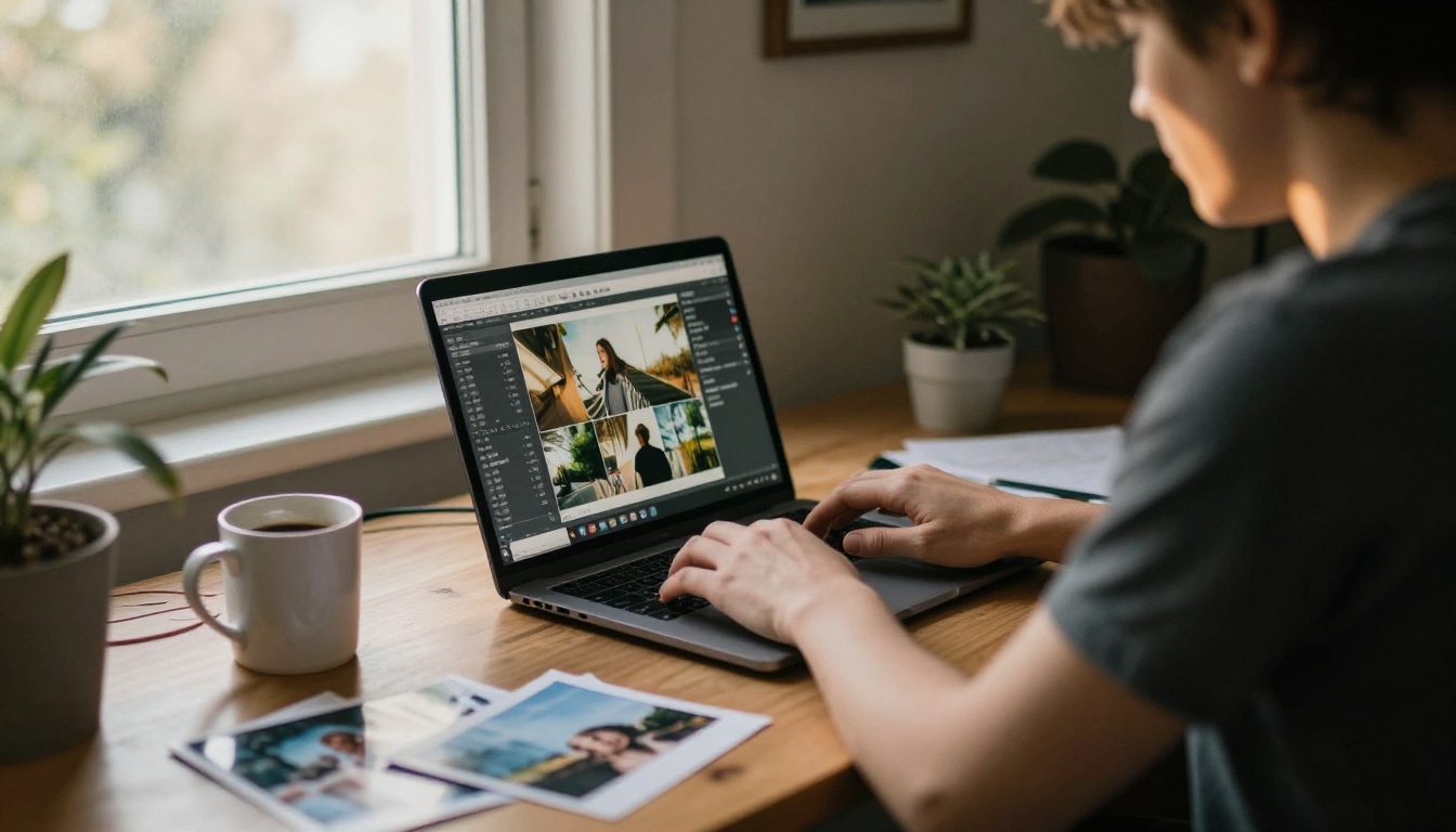 Person at a home desk using laptop with image analysis software, natural morning daylight through a side window illuminating the workspace Person at a home desk using laptop with image analysis software, natural morning daylight through a side window illuminating the workspace
