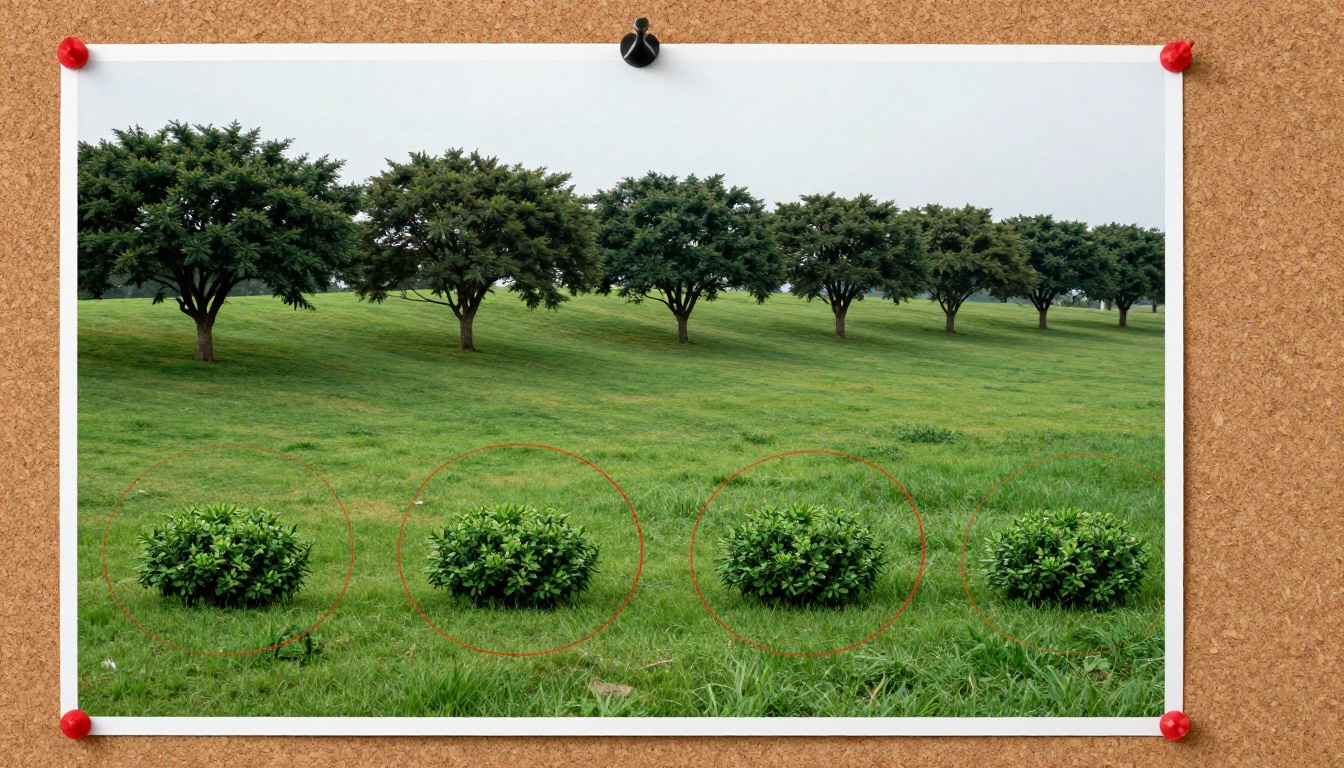 Printed AI landscape pinned to a corkboard with red marker circles drawn around identical tree shapes repeating across the background hillside