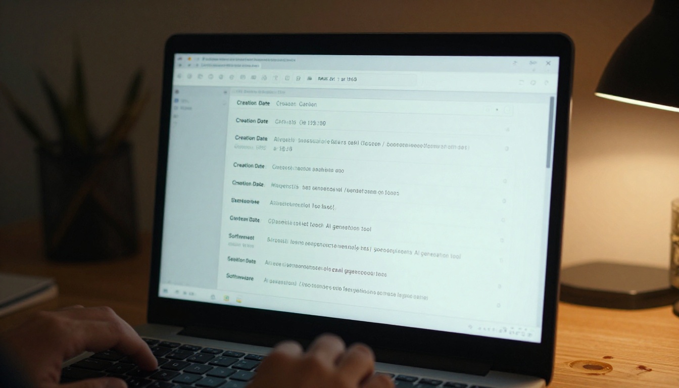 Computer screen displaying an EXIF metadata viewer with suspicious missing camera fields, hands resting on keyboard, warm amber office lighting Computer screen displaying an EXIF metadata viewer with suspicious missing camera fields, hands resting on keyboard, warm amber office lighting
