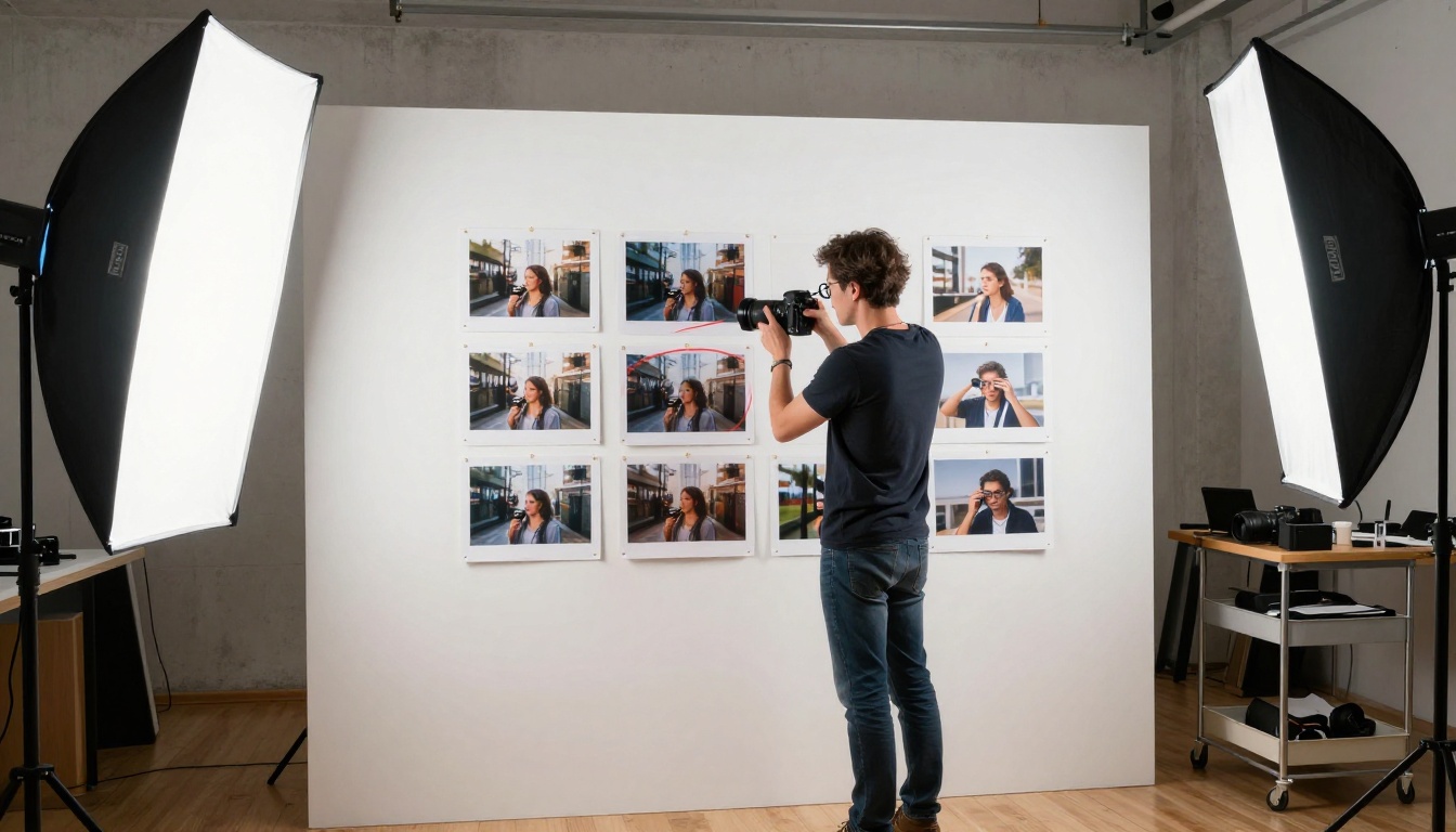 Professional photographer examining large-format prints in a studio, comparing AI-generated and real photographs pinned to a white wall with red marker annotations Professional photographer examining large-format prints in a studio, comparing AI-generated and real photographs pinned to a white wall with red marker annotations