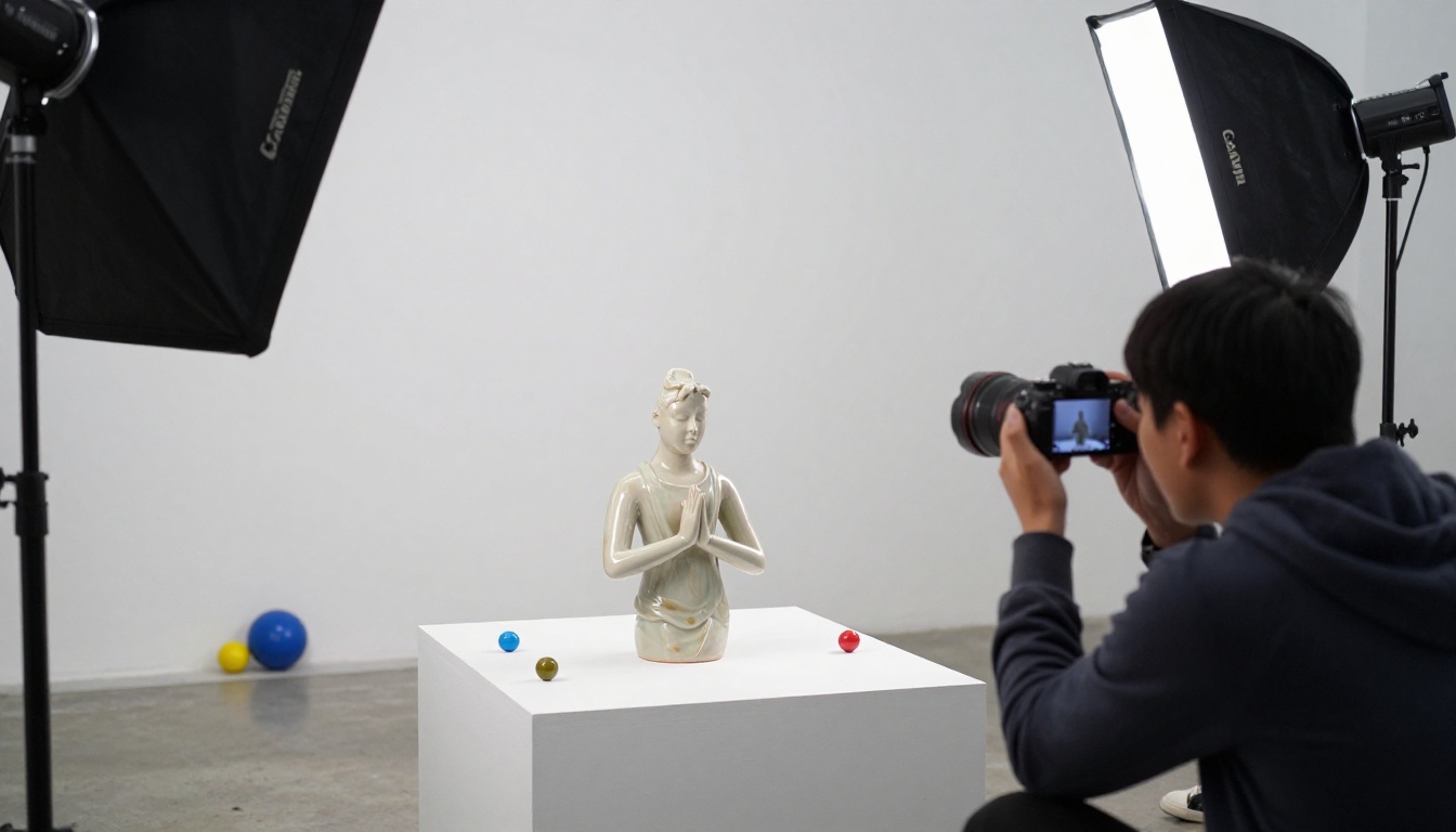 Photographer capturing a ceramic figurine from multiple angles for 3D reconstruction reference