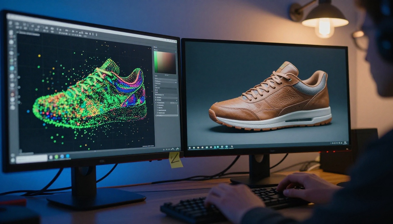 Two monitors side by side showing point cloud reconstruction versus smooth 3D model in a research lab