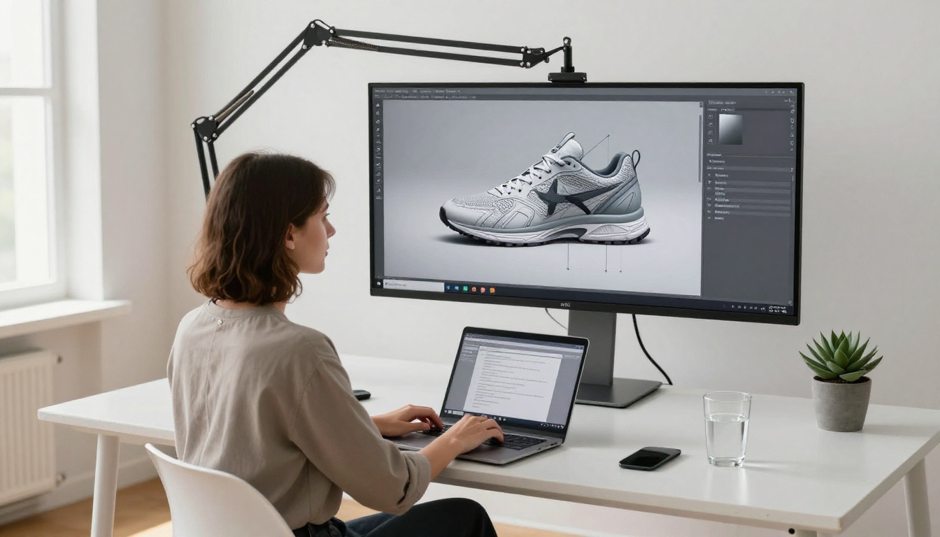 Young designer typing text prompt into laptop, large monitor beside her shows 3D model materializing from abstract form